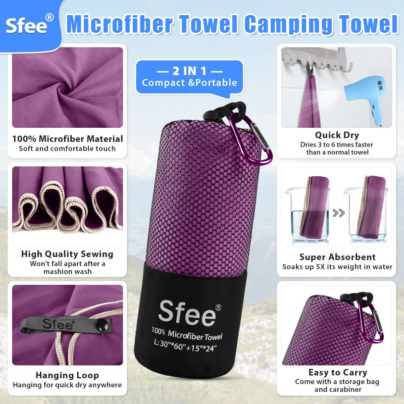 Sfee 2 Pack Microfiber Travel Towel, Quick Dry Camping Towel Large Beach Towel Super Absorbent Compact Lightweight Sports Gym Towels for Beach, Gym, Hiking, Pool, Backpacking, Bath, Yoga - Image 2